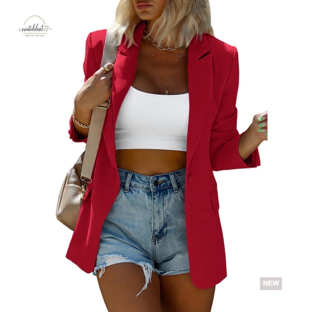 Oversized Blazer with Padded Shoulders, Long Sleeve Button Front, Work Casual